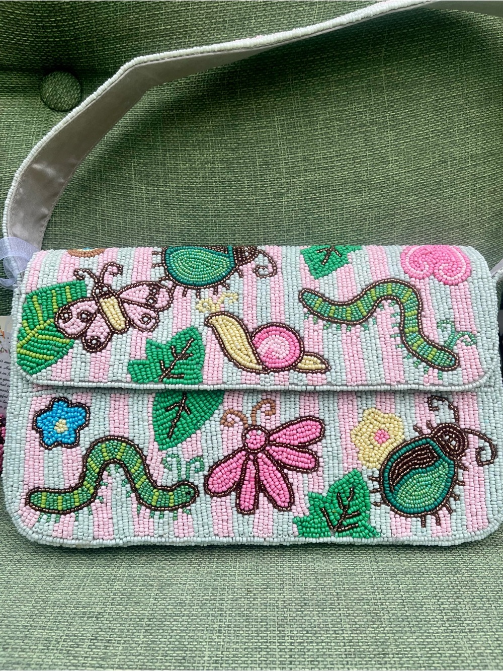 Viral Rare Caterpillar and Insect Beaded Bag with Charm. Brand new, never used.